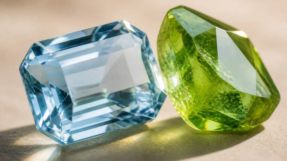 ترکیب زیبای کریستال آبی آکوامارین و سنگ سبز درخشان پریدوت در کنار هم روی یک سطح مینیمال.