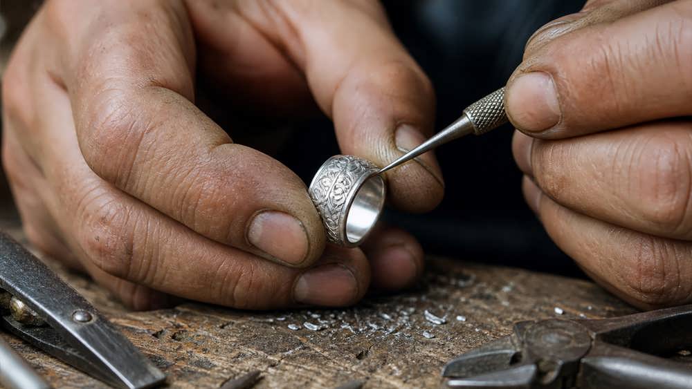 دستان ماهر یک هنرمند در حال قلم‌زنی و ایجاد جزئیات ظریف روی یک انگشتر نقره دست‌ساز