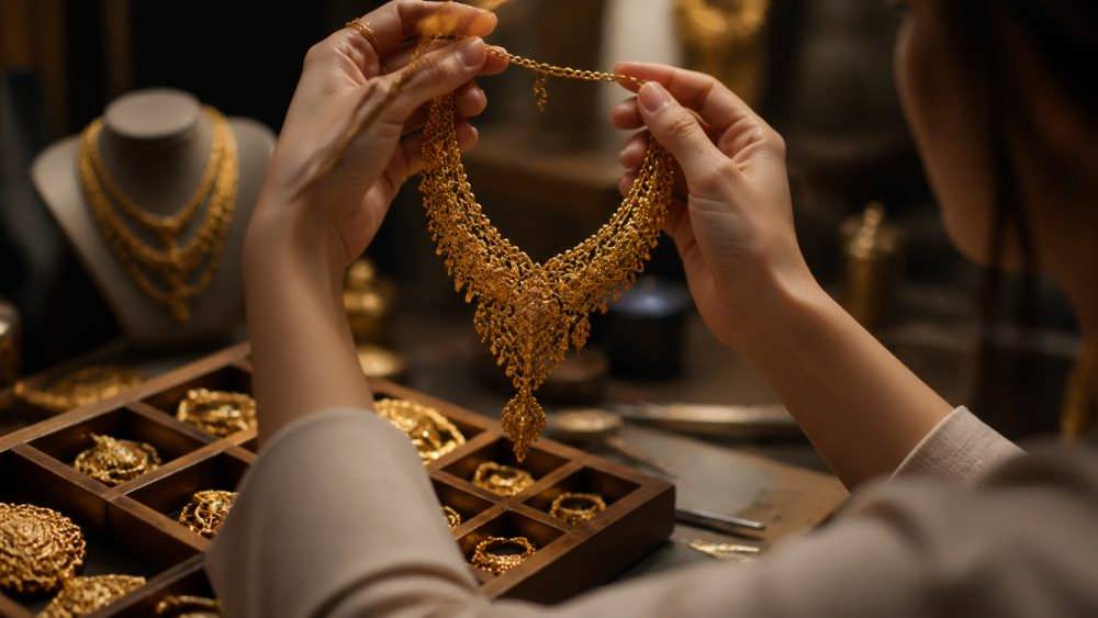 شخصی در حال بررسی دقیق و در دست گرفتن یک گردنبند طلای بزرگ و پرکار در کنار جعبهای پر از زیورآلات طلای متنوع.