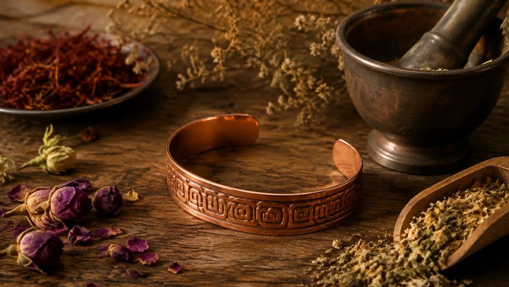 دستبند مسی در کنار گیاهان دارویی خشک شده با الهام از طب سنتی