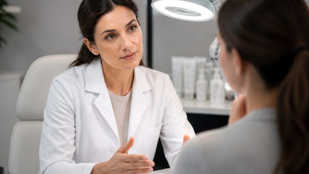 متخصص پوست در حال بررسی صورت بیمار جوان و توضیح درمان آکنه در مطب