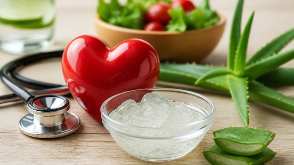 کپسول مکمل آلوئه ورا کنار برگ تازه و برگه نتایج آزمایش چربی خون روی میز