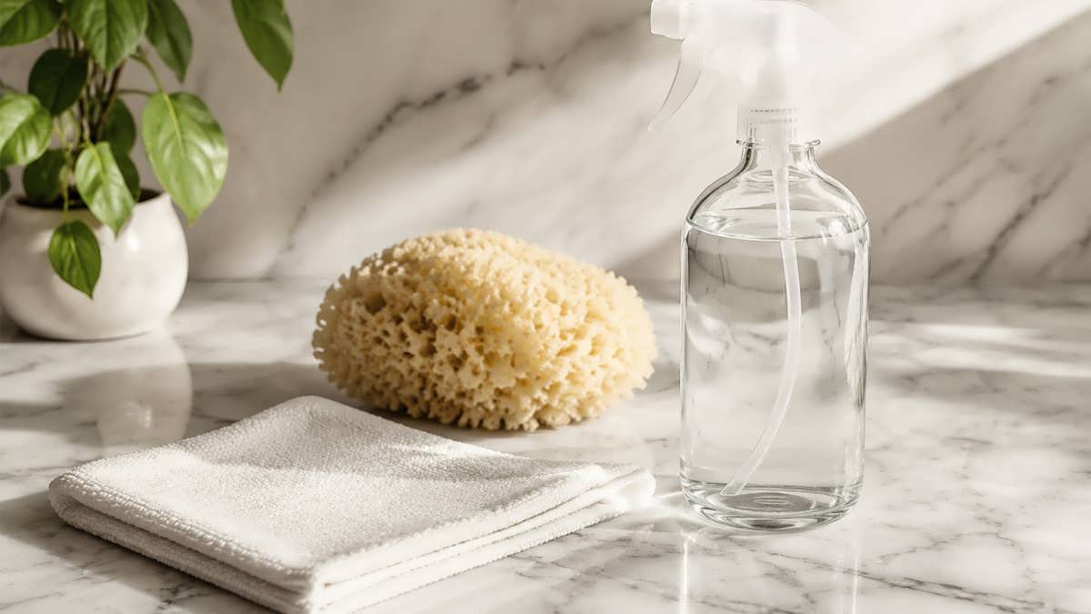 ابزارهای تمیزکننده ملایم مانند اسفنج طبیعی و دستمال میکروفایبر در کنار یک بطری شیشه‌ای روی کانتر تمیز