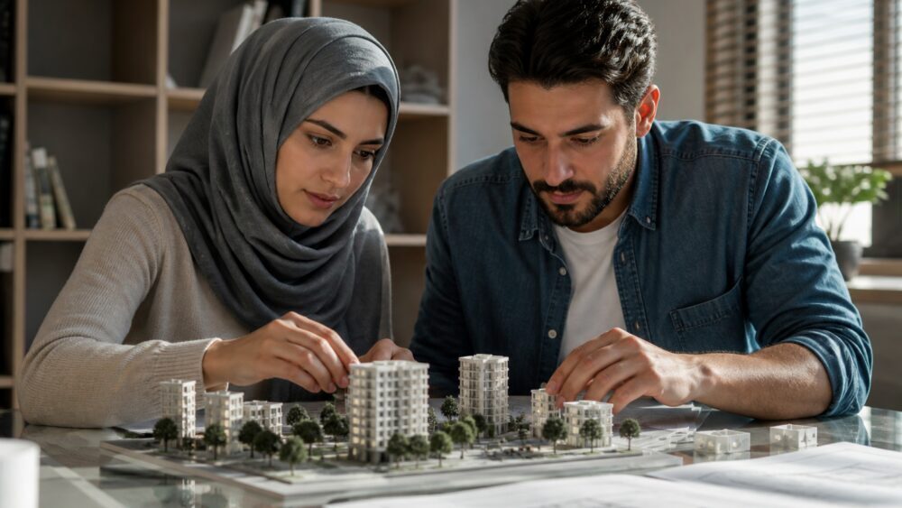 زن و مردی در کنار هم با مدل سه بعدی معماری روی نمایشگر رایانه کار می کنند