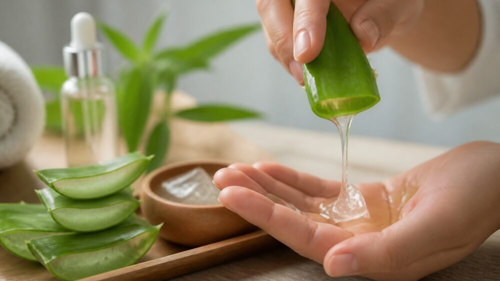 متخصص پوست در حال بررسی التهاب روی بازوی بیمار در اتاق معاینه، با گیاه آلوئه ورا روی میز