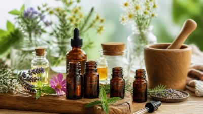 چند شیشه کوچک روغن گیاهی معطر کنار اسطوخودوس، برگ‌های سبز و قطره‌چکان روی میز روشن