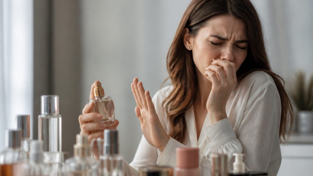 زنی در فضای روشن بطری عطر را دور از صورت نگه داشته و با دست دیگر بینی خود را پوشانده است