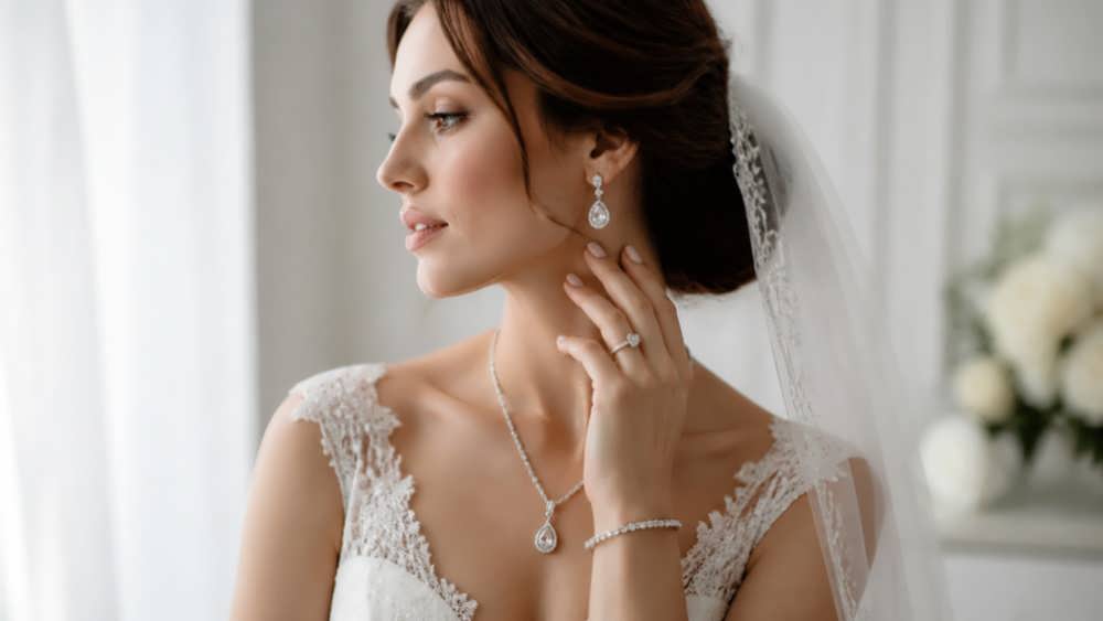 عروس با تور و لباس دانتل در حال نمایش گردنبند، گوشواره اشکی و حلقه الماس