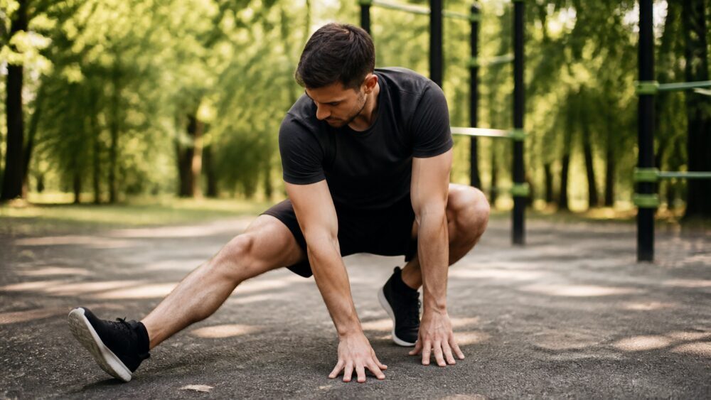 ورزشکار مبتدی در حال گرم کردن و کشش شانه ها پیش از تمرین کالیستنیکس در فضای باشگاه