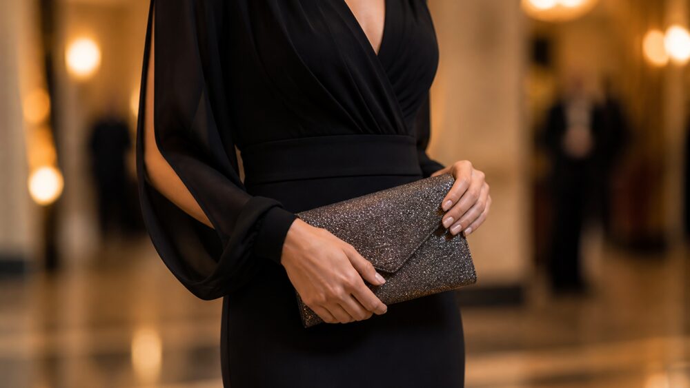 کیف کلاچ پاکتی مشکی خوش دوخت با جزئیات طلایی روی میز مرمری در کنار لباس شب
