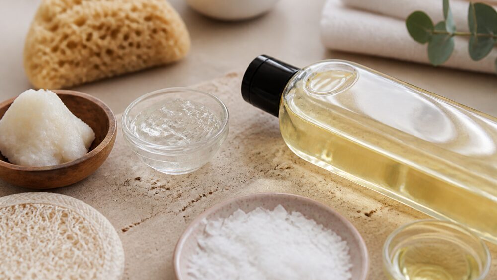 بطری شامپو بدن کنار گلیسیرین، روغن طبیعی و گل های معطر روی سطح روشن حمام