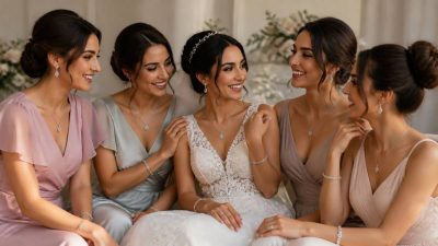 عروس و ساقدوش‌ها با لباس‌های مجلسی و ست جواهرات ظریف عروسی
