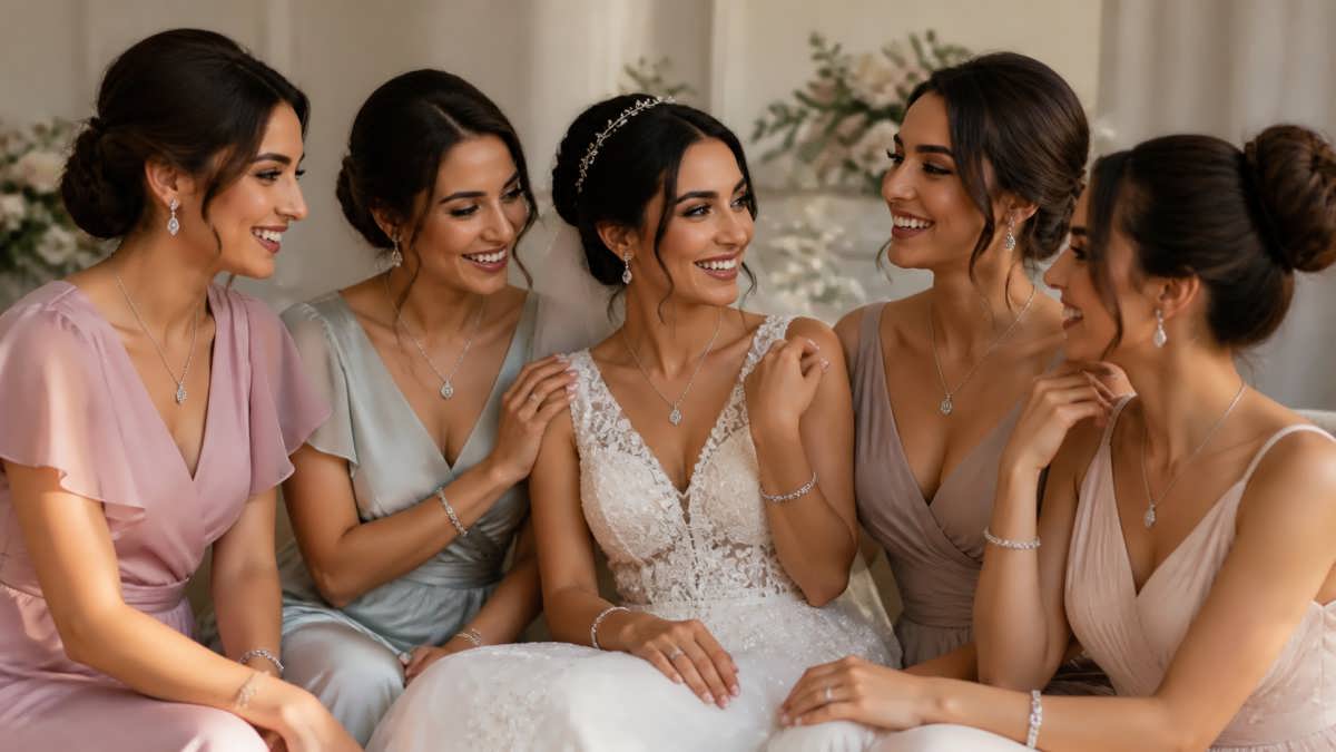 عروس و ساقدوش‌ها با لباس‌های مجلسی و ست جواهرات ظریف عروسی