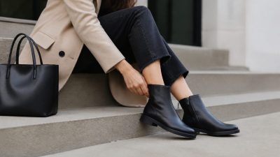 یک جفت بوت تخت چرمی زنانه به رنگ قهوه‌ای در کنار کیف دستی روی کف چوبی روشن