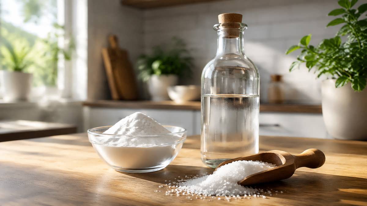 مجموعه‌ای از مواد شوینده طبیعی و ارزان‌قیمت خانگی مانند سرکه، جوش شیرین و نمک روی میز چوبی در یک آشپزخانه مدرن و روشن.