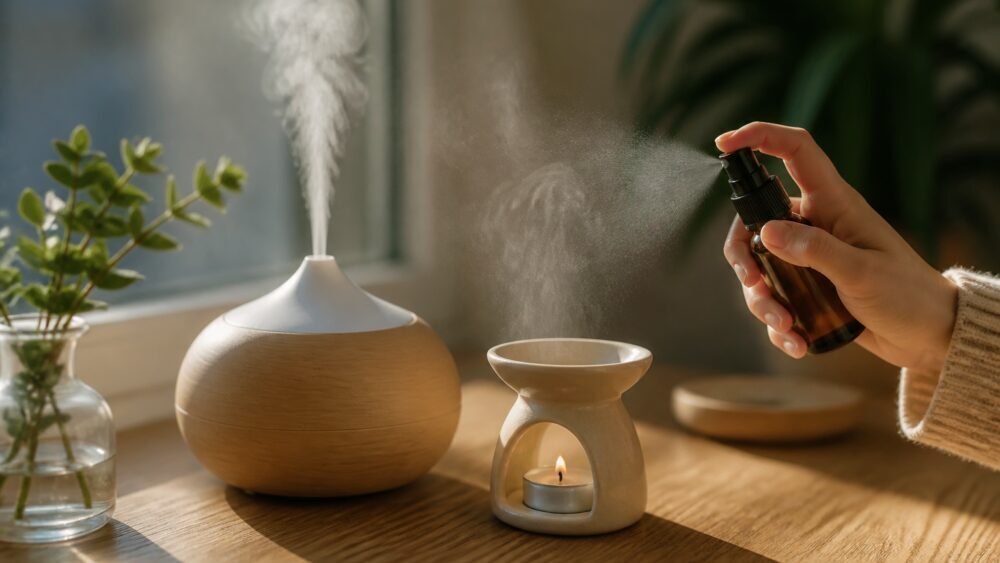 دیفیوزر سرامیکی روی میز کنار پنجره با بخار ملایم، بطری اسانس و فضای روشن اتاق