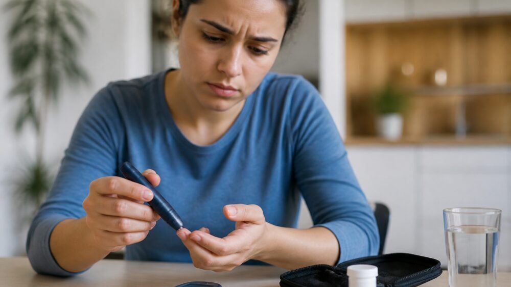 فرد مبتلا به دیابت در حال بررسی قند خون کنار قلم انسولین و نوارهای آزمایش کتون