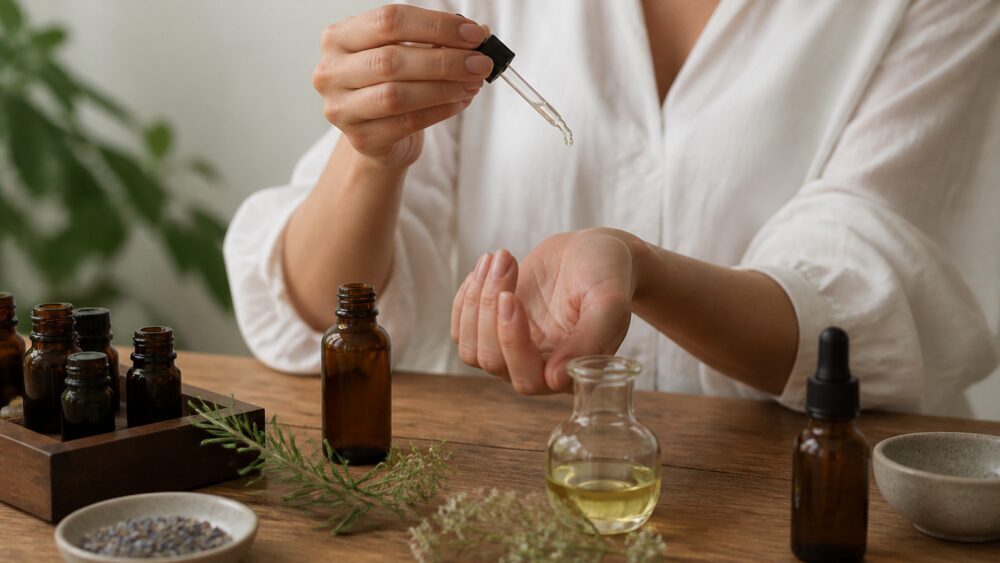 دستی در حال بررسی برچسب بطری شیشه ای روغن مرکباتی کنار پوست لیمو و نور آفتاب