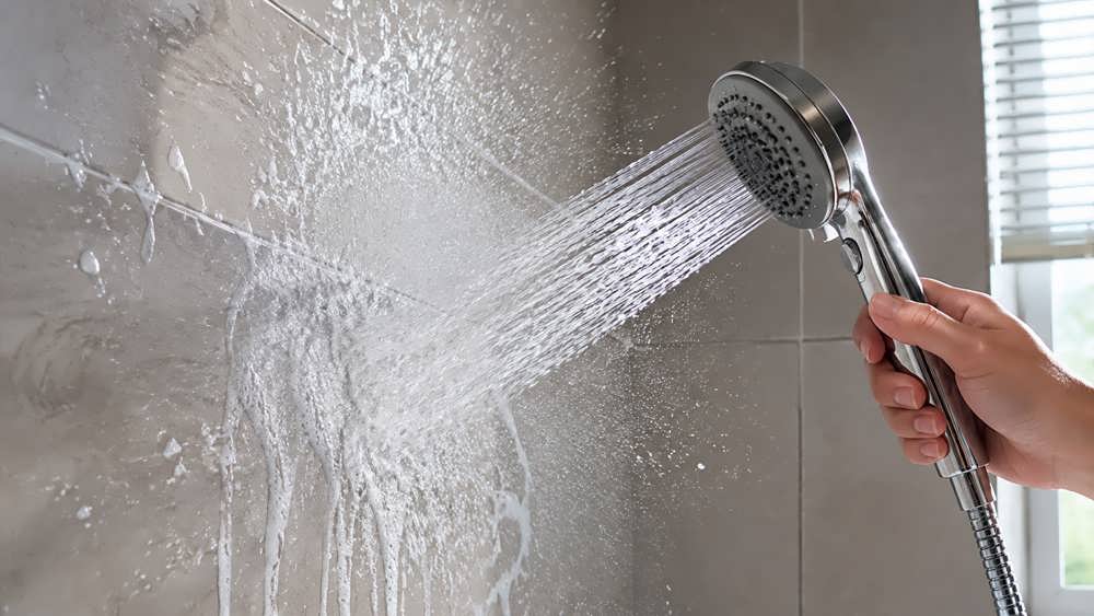 شستشوی آسان کاشی ها و دیواره های حمام با استفاده از فشار آب سردوش تلفنی