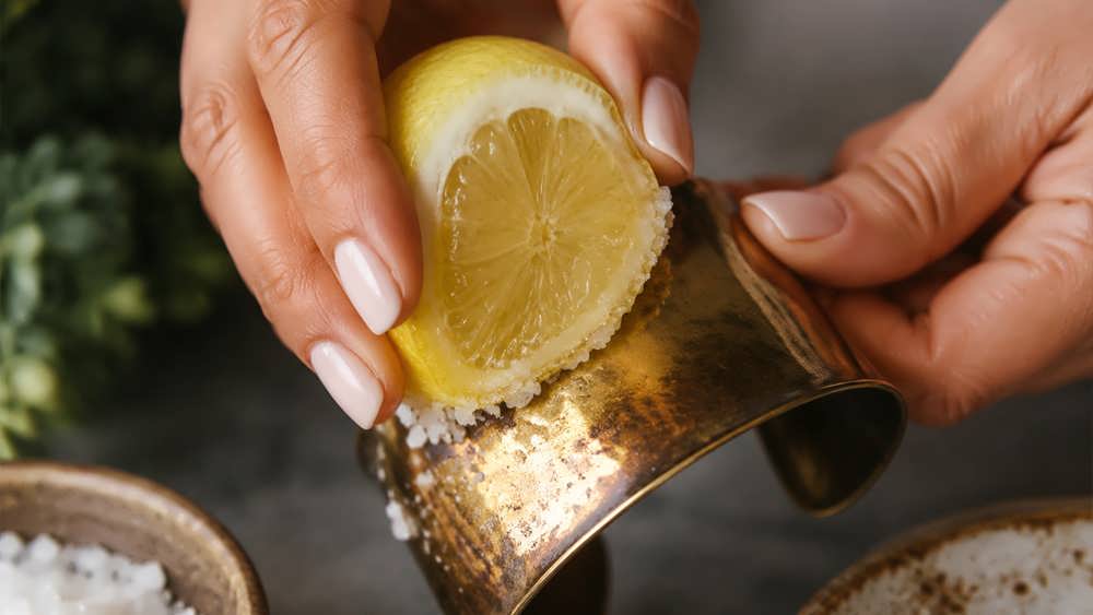 تمیز کردن ملایم یک سینی یا اکسسوری برنجی با استفاده از نصف لیموترش آغشته به نمک