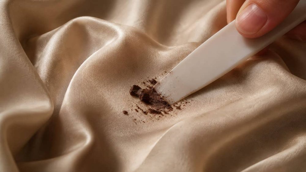 تراشیدن ملایم تکه شکلات از روی پارچه ابریشمی ظریف با ابزار لبه دار.