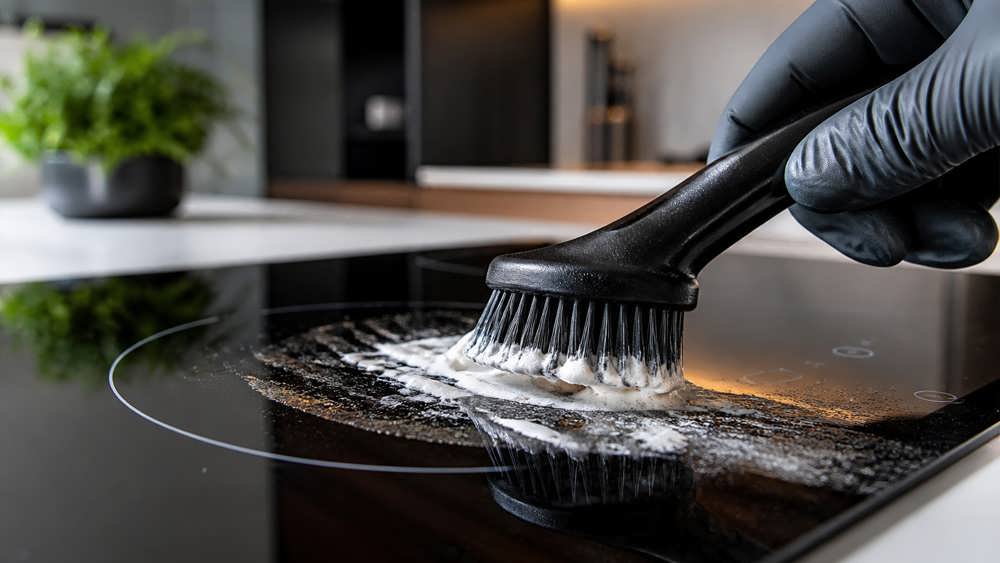 تمیز کردن سطح شیشه ای اجاق گاز با یک مسواک و خمیر سفید رنگ جوش شیرین