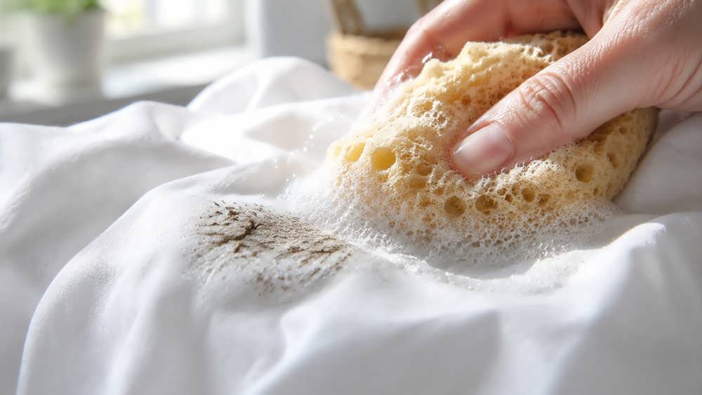 پاک کردن لکه گل از روی پارچه نخی سفید با استفاده از اسفنج طبیعی و کف صابون.