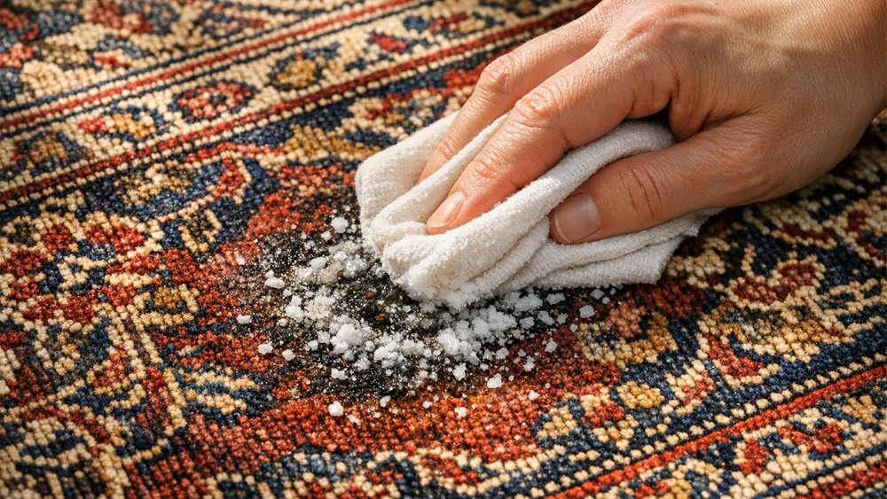 پاک کردن لکه چربی از روی یک فرش دستباف ایرانی با استفاده از ترکیب نمک و پارچه مرطوب