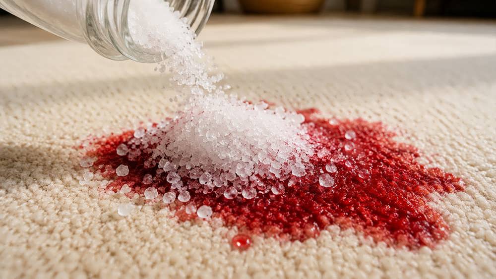 ریختن نمک روی لکه نوشیدنی قرمز روی یک فرش روشن برای جذب رطوبت.