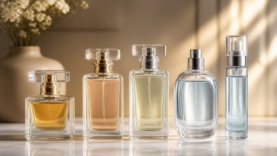 چند شیشه عطر شفاف با اندازه‌های متفاوت روی سطحی روشن در نور طبیعی