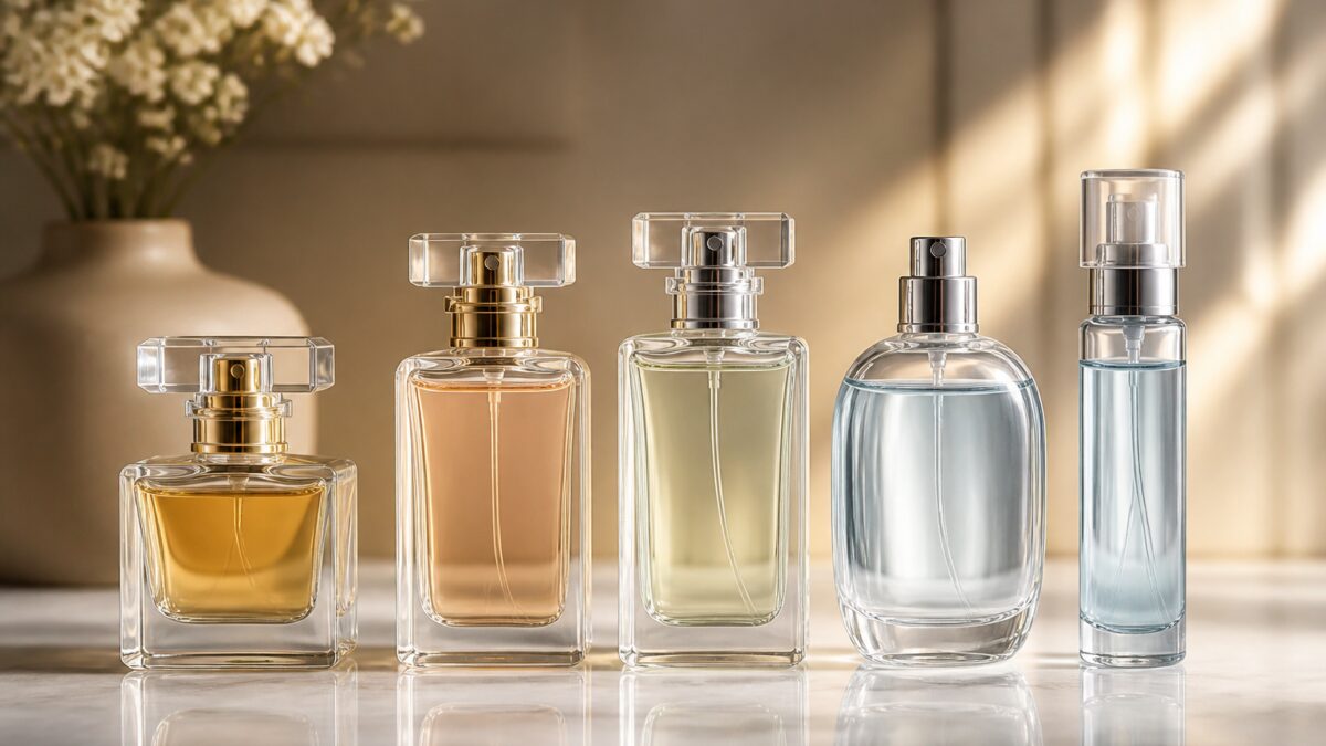 چند شیشه عطر شفاف با اندازه‌های متفاوت روی سطحی روشن در نور طبیعی