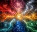 تصویری انتزاعی و کیهانی از نمادهای طالع‌بینی که با انرژی‌ها و رنگ‌های متنوع می‌درخشند.