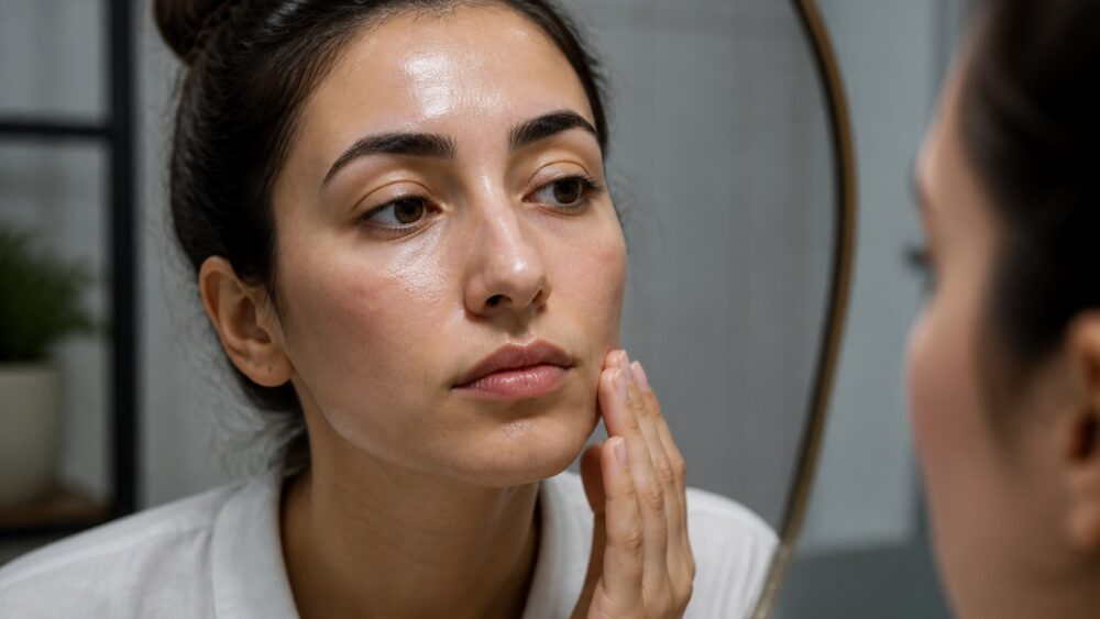 نمای نزدیک از چهره زنی با درخشش چربی روی پیشانی و بینی و گونه های مات و کمی خشک در نور طبیعی