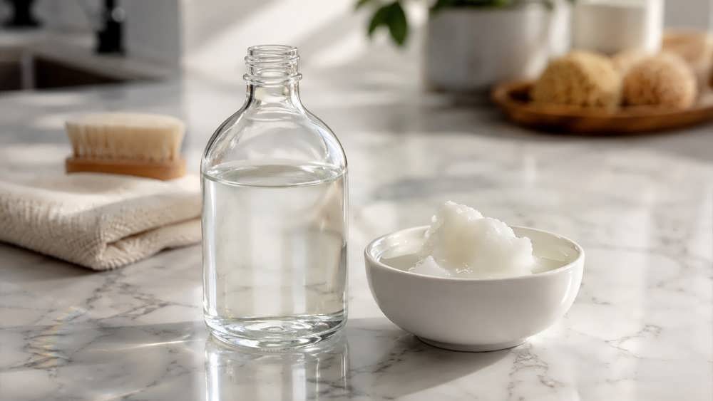 ظروف شیشه ای حاوی مواد اولیه لکه بر خانگی مانند روغن نارگیل روی کانتر مرمر