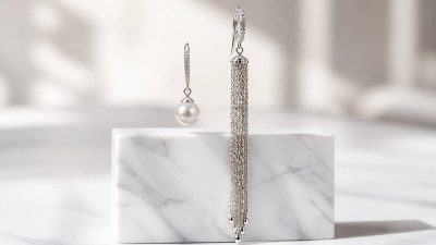 نمایش و مقایسه گوشواره‌های قطره‌ای و آویز بلند در یک قاب شیک و مدرن جواهری.