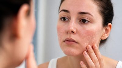 نمای نزدیک از گونه و پیشانی فرد با خشکی و پوسته‌های ریز پوست در نور طبیعی