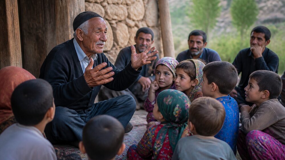 پیرمردی در جمع خانواده داستانی محلی را برای کودکان و بزرگ ترها بازگو می کند