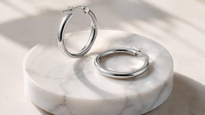 نمایش گوشواره‌های حلقه‌ای نقره‌ای مدرن و شیک روی یک استند مرمری مینیمال.