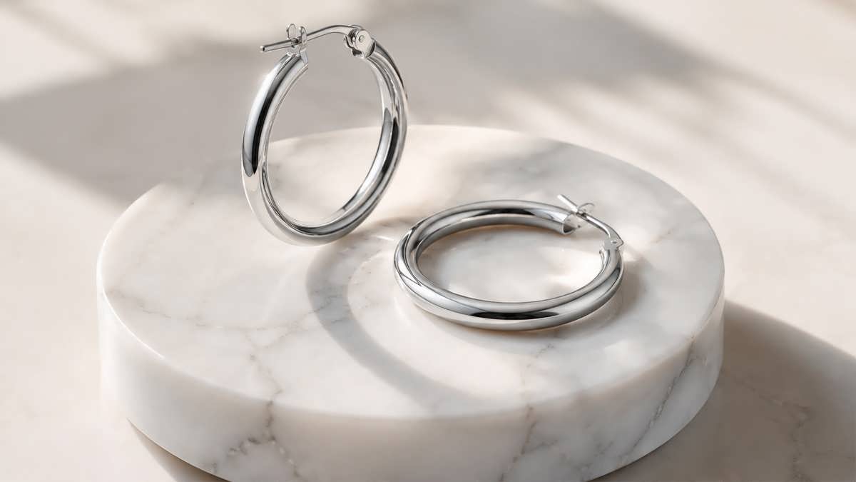 نمایش گوشواره‌های حلقه‌ای نقره‌ای مدرن و شیک روی یک استند مرمری مینیمال.