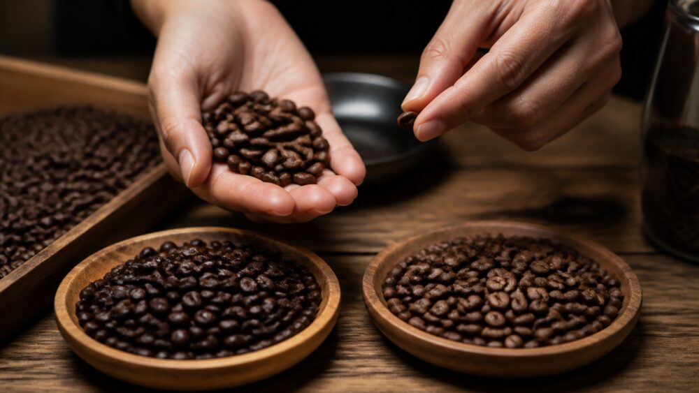 دانه های عربیکا و روبوستا کنار فنجان اسپرسو با لایه کرمای طلایی روی میز چوبی