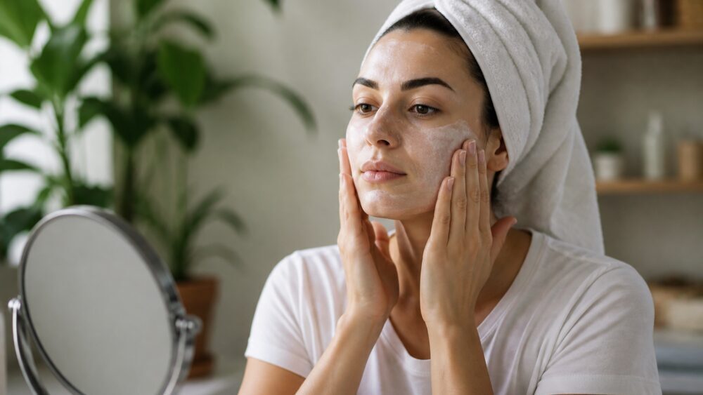 متخصص مراقبت پوست در اسپا در حال مالیدن ماسک صورت با برس روی گونه مراجعه کننده است