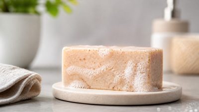 یک قالب صابون کرم‌رنگ با دانه‌های ریز لایه‌بردار روی حوله سفید، کنار کاسه‌ای از نمک دریایی و برگ سبز