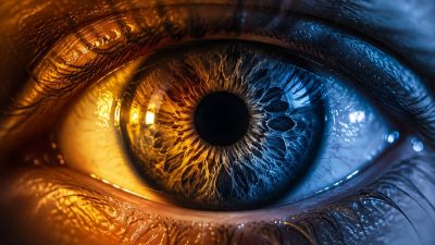 کلوزآپ هنری از یک چشم انسان با نورپردازی دوگانه که تقابل علم و خرافات درباره پرش پلک را نشان می‌دهد.