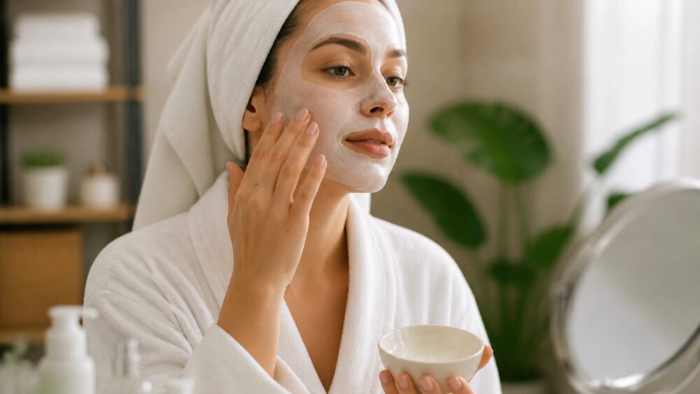 متخصص مراقبت پوست در اسپا، ماسک صورت را با برس روی گونه های مراجعه کننده می زند