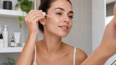 زن جوانی در نور طبیعی، سرم مراقبت پوست را با قطره‌چکان روی گونه خود می‌زند