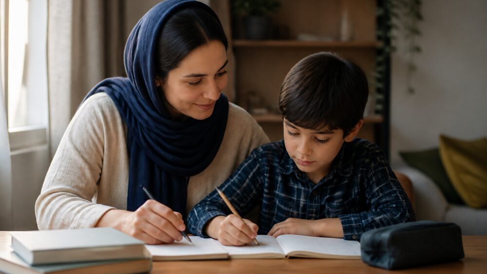 دانشجویی جوان در کتابخانه با تمرکز مشغول تمرین مهارتی دشوار کنار کتابها و لپتاپ