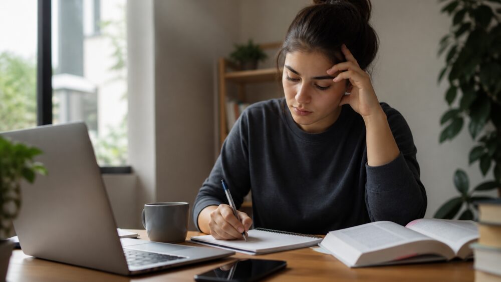 دانشجویی پشت میز مطالعه، در حال تمرکز بر کتاب و دور گذاشتن تلفن همراه