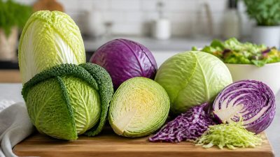 سر کلم سبز تازه روی تخته چوبی کنار برگ‌های جداشده در آشپزخانه روشن