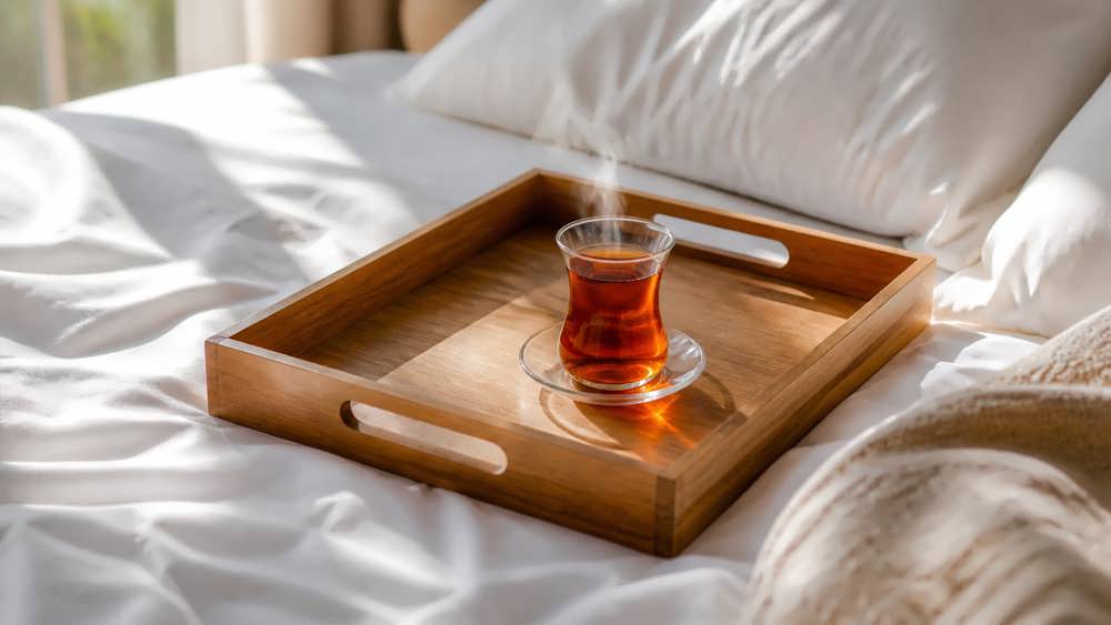 یک سینی چوبی با یک استکان چای تازه دم خوش رنگ که به عنوان پاداش نظافت روی یک تختخواب کاملاً تمیز و زیر نور آفتاب قرار دارد.