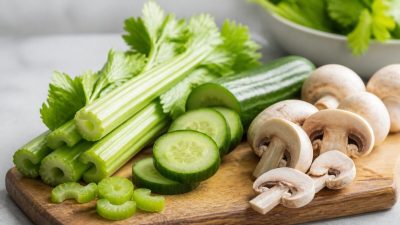 کرفس، خیار و قارچ تازه روی میز آشپزخانه با نور طبیعی